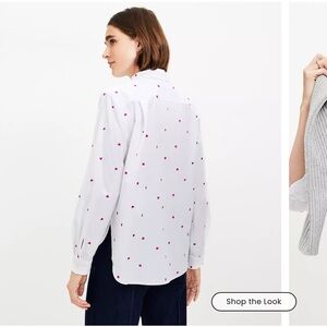 Loft Chic White Button-Down Shirt with Pink Heart Accents